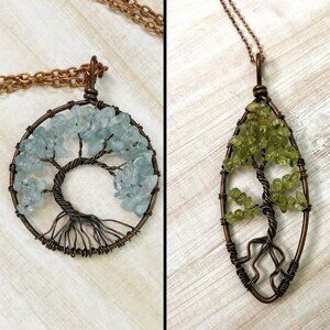 2 TREE NECKLACES Brass wire wrapped Aquamarine & Peridot chip stones